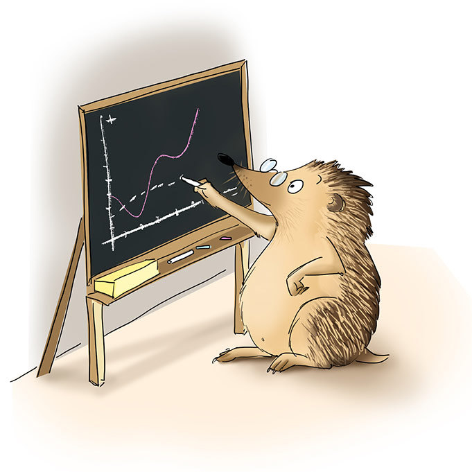 illustration d'un hérisson à lunettes écrivant qui trace à la craie une courbe de stastique sur un tableau d'école en ardoise