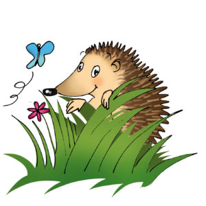 Illustration d'un hérisson souriant au milieu d'un jardin